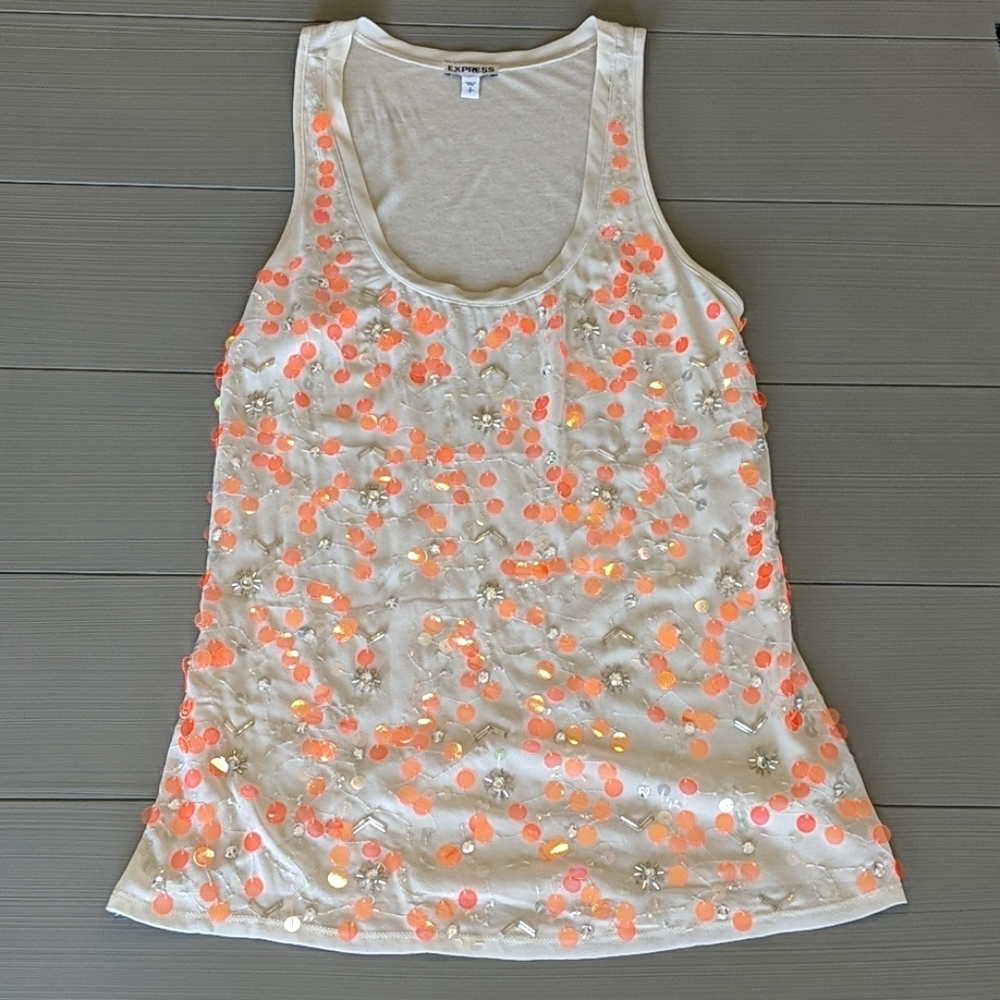 Express Embellished Women's Sequin Front Orange/Silver/Cream Tank Size Small S